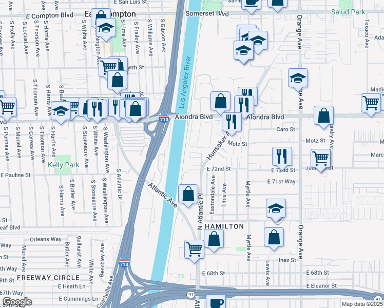 map of restaurants, bars, coffee shops, grocery stores, and more near 16310 Rancho Portillo Road in Paramount