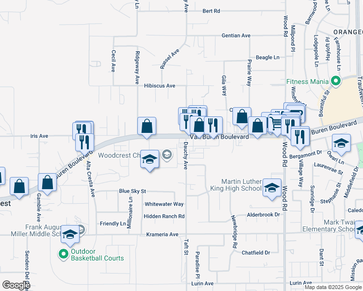 map of restaurants, bars, coffee shops, grocery stores, and more near 18451 Van Buren Boulevard in Riverside