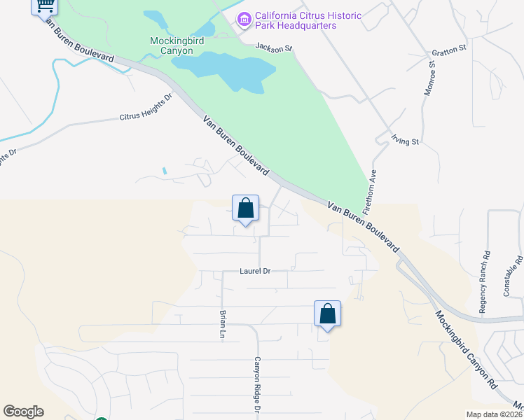 map of restaurants, bars, coffee shops, grocery stores, and more near 16051 Canyon Ridge Drive in Riverside