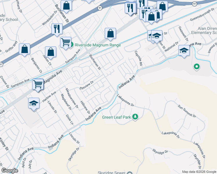 map of restaurants, bars, coffee shops, grocery stores, and more near 3500 Village Garden Mobile Home Park in Riverside