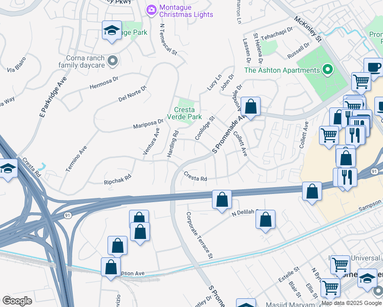 map of restaurants, bars, coffee shops, grocery stores, and more near 517 Hayes Circle in Corona