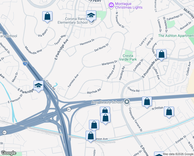 map of restaurants, bars, coffee shops, grocery stores, and more near 1449 Cresta Road in Corona