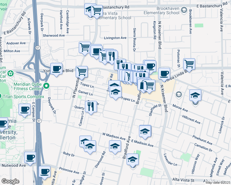 map of restaurants, bars, coffee shops, grocery stores, and more near 3219 Topaz Lane in Fullerton