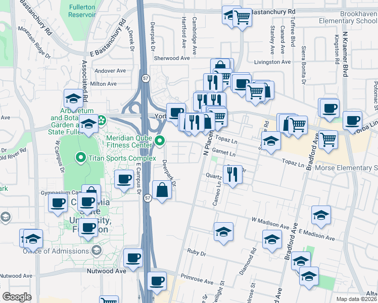 map of restaurants, bars, coffee shops, grocery stores, and more near 2921 Wellesley Court in Fullerton