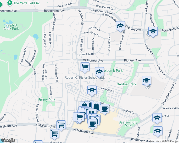 map of restaurants, bars, coffee shops, grocery stores, and more near 2287 Simon Street in Fullerton