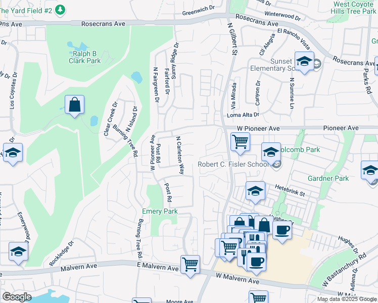 map of restaurants, bars, coffee shops, grocery stores, and more near 2517 Tarrytown Drive in Fullerton