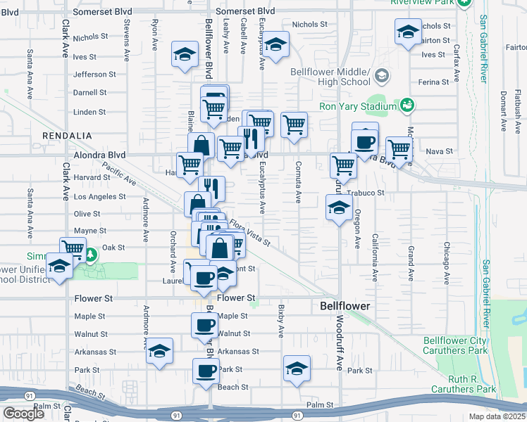map of restaurants, bars, coffee shops, grocery stores, and more near 16224 1/2 Eucalyptus Avenue in Bellflower