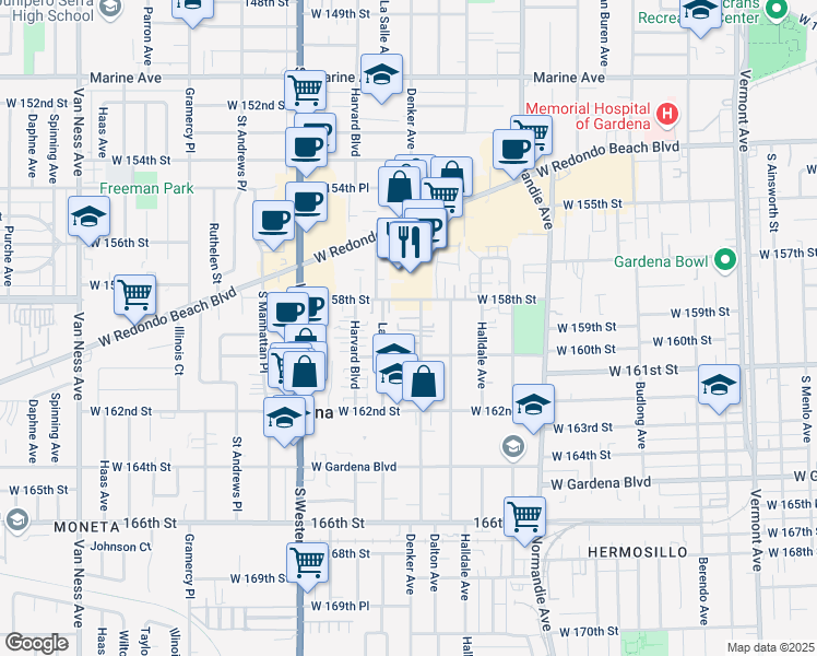 map of restaurants, bars, coffee shops, grocery stores, and more near 15829 Denker Avenue in Gardena