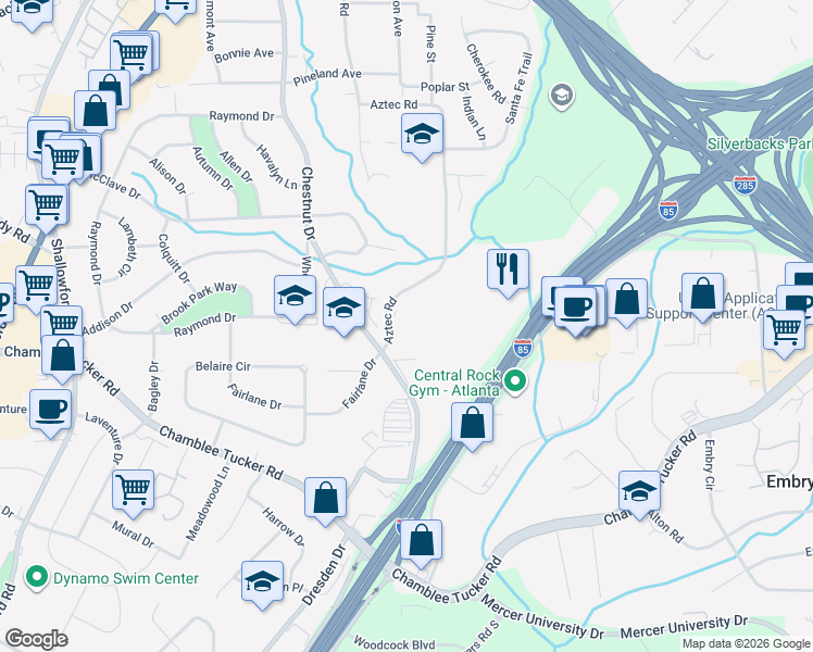 map of restaurants, bars, coffee shops, grocery stores, and more near 3373 Aztec Road in Doraville