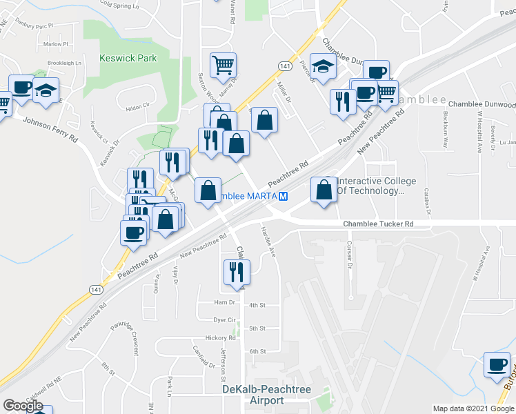 map of restaurants, bars, coffee shops, grocery stores, and more near 5137 Peachtree Boulevard in Atlanta
