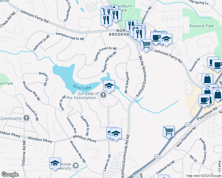 map of restaurants, bars, coffee shops, grocery stores, and more near 3290 Dunlop Court in Atlanta