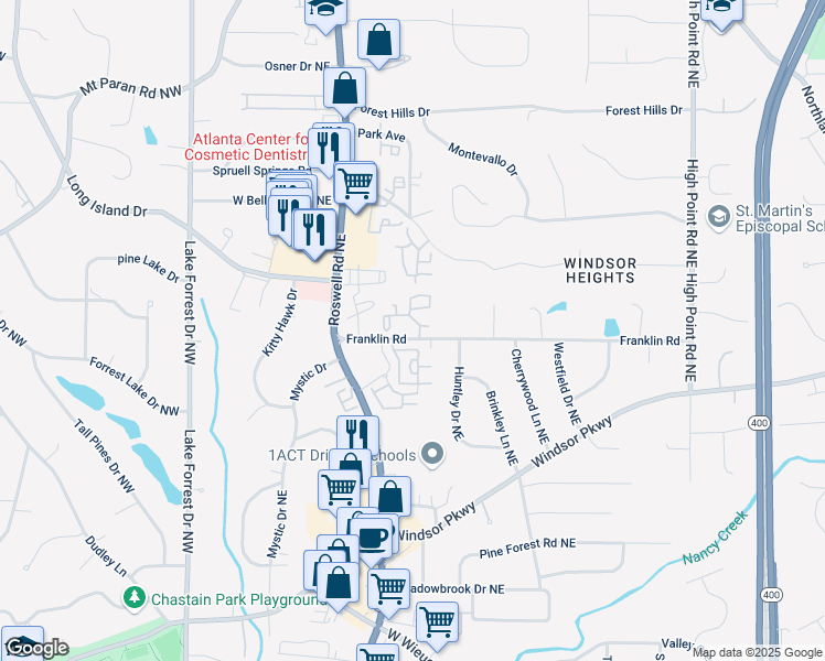 map of restaurants, bars, coffee shops, grocery stores, and more near 7032 Summer Terrace Lane Northeast in Sandy Springs