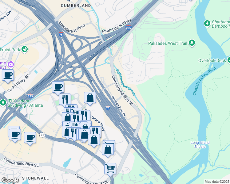 map of restaurants, bars, coffee shops, grocery stores, and more near 3695 Cumberland Boulevard Southeast in Atlanta