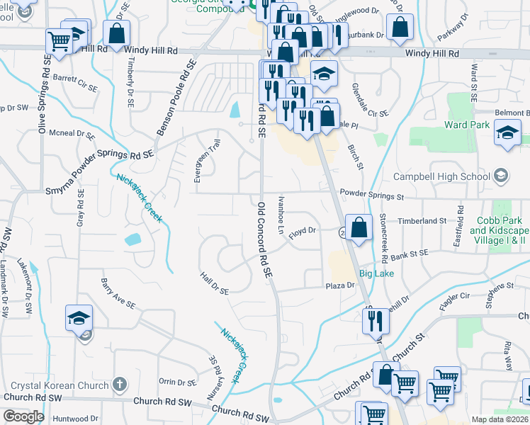 map of restaurants, bars, coffee shops, grocery stores, and more near 2745 Old Concord Road Southeast in Smyrna
