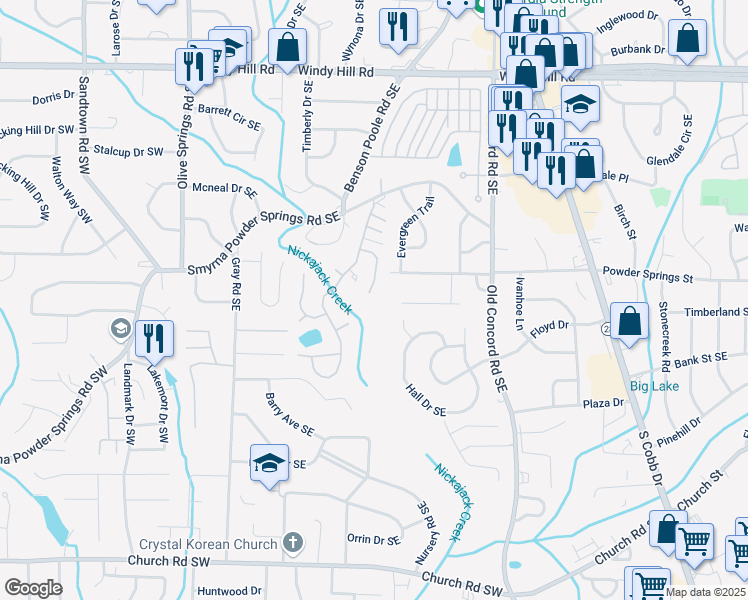 map of restaurants, bars, coffee shops, grocery stores, and more near 1020 Chateau Lane Southeast in Smyrna