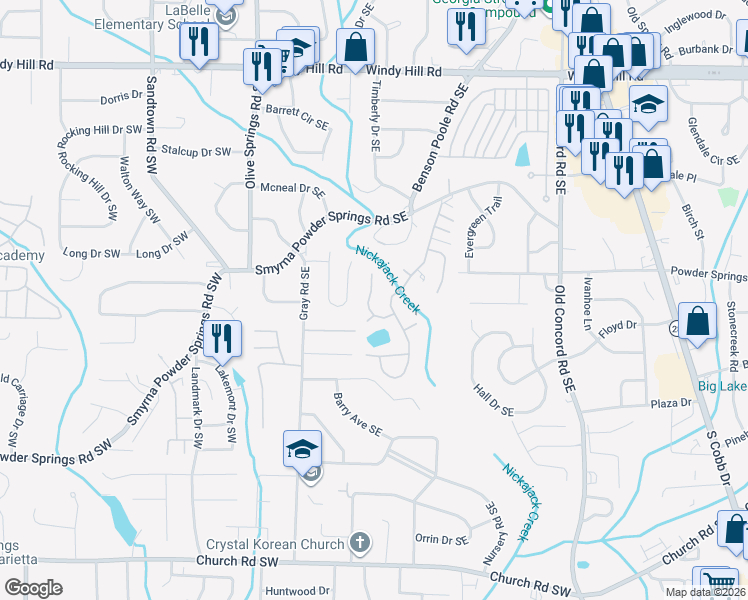 map of restaurants, bars, coffee shops, grocery stores, and more near 3018 Vineyard Way in Smyrna