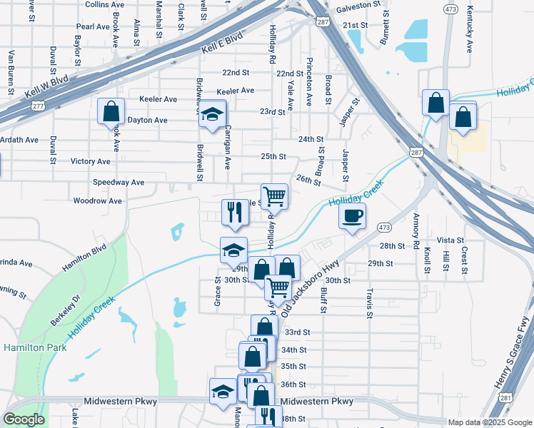 map of restaurants, bars, coffee shops, grocery stores, and more near 2806 Holliday Road in Wichita Falls