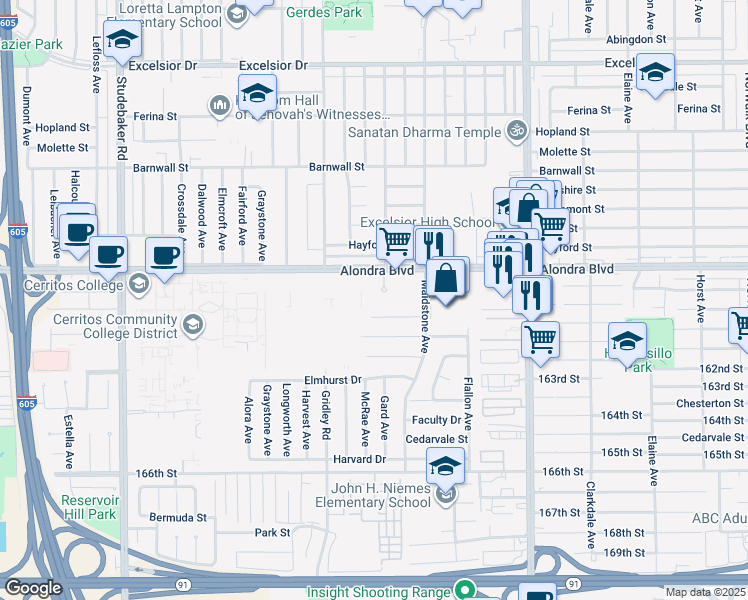 map of restaurants, bars, coffee shops, grocery stores, and more near 15929 Gard Avenue in Norwalk
