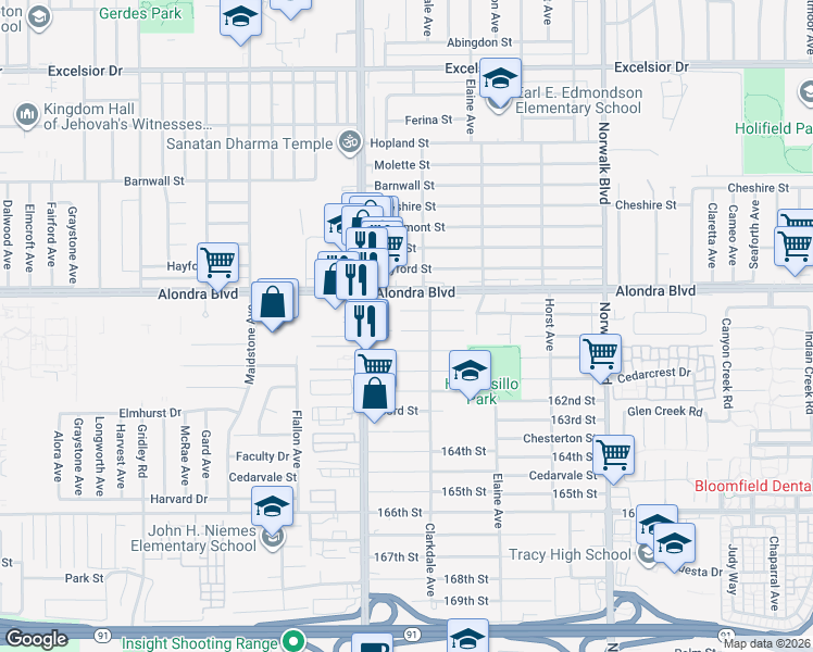 map of restaurants, bars, coffee shops, grocery stores, and more near 11853 160th Street in Norwalk