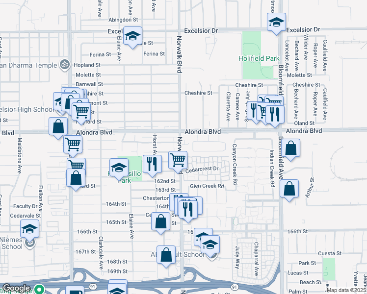 map of restaurants, bars, coffee shops, grocery stores, and more near 15936 Norwalk Boulevard in Norwalk