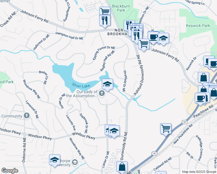 map of restaurants, bars, coffee shops, grocery stores, and more near 3290 Dunlop Court in Atlanta