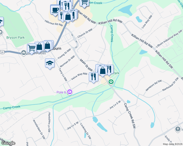 map of restaurants, bars, coffee shops, grocery stores, and more near 4845 Velva Way Northwest in Lilburn