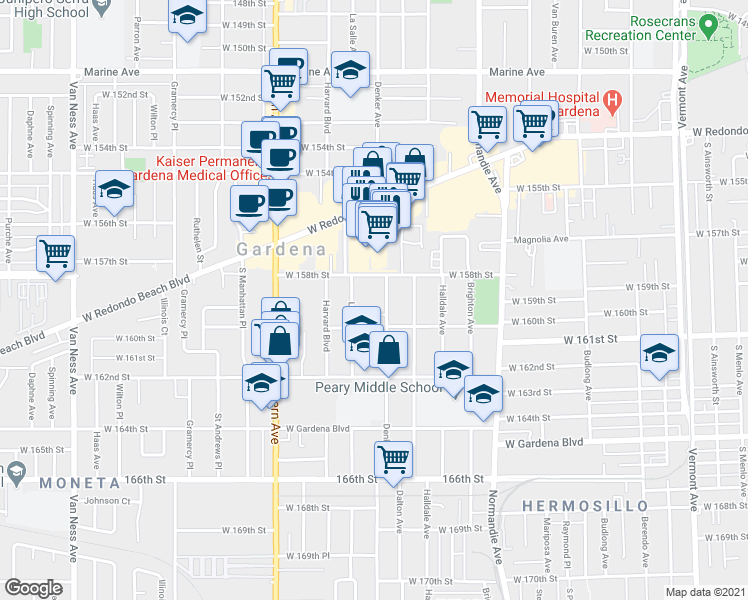 map of restaurants, bars, coffee shops, grocery stores, and more near 15829 Denker Avenue in Gardena