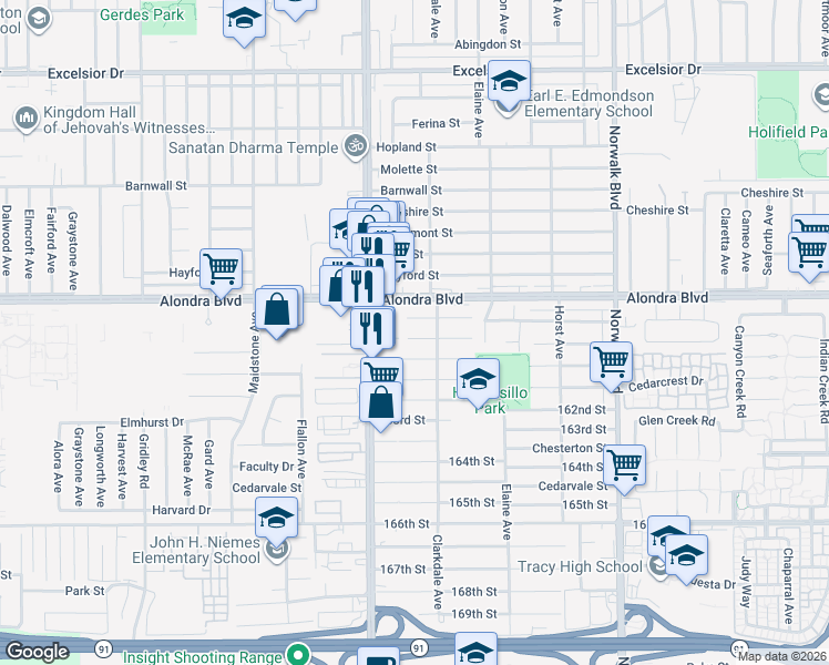 map of restaurants, bars, coffee shops, grocery stores, and more near 11853 160th Street in Norwalk