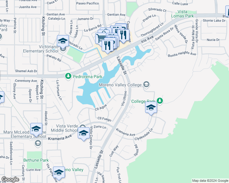 map of restaurants, bars, coffee shops, grocery stores, and more near 16138 Palomino Lane in Moreno Valley