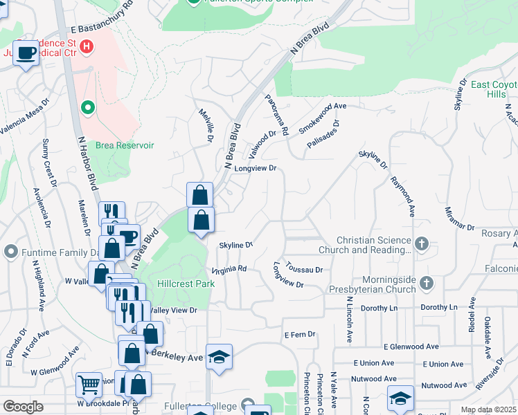 map of restaurants, bars, coffee shops, grocery stores, and more near 2306 Sheppard Drive in Fullerton
