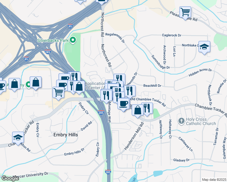 map of restaurants, bars, coffee shops, grocery stores, and more near 3314 Northcrest Road in Doraville
