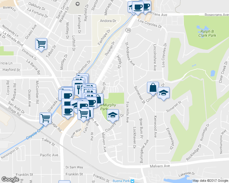 map of restaurants, bars, coffee shops, grocery stores, and more near 8244 Henderson Green in Buena Park