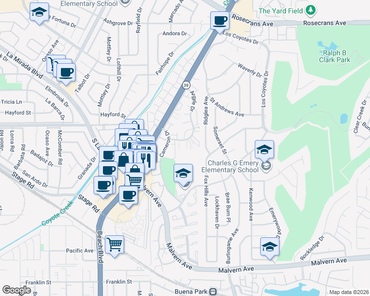 map of restaurants, bars, coffee shops, grocery stores, and more near 8244 Henderson Green in Buena Park