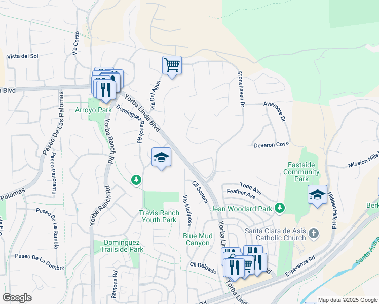 map of restaurants, bars, coffee shops, grocery stores, and more near 21630 Dunrobin Way in Yorba Linda