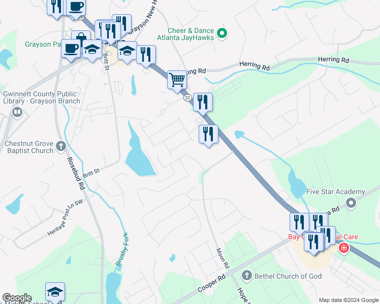 map of restaurants, bars, coffee shops, grocery stores, and more near 2412 Chance Lane in Grayson