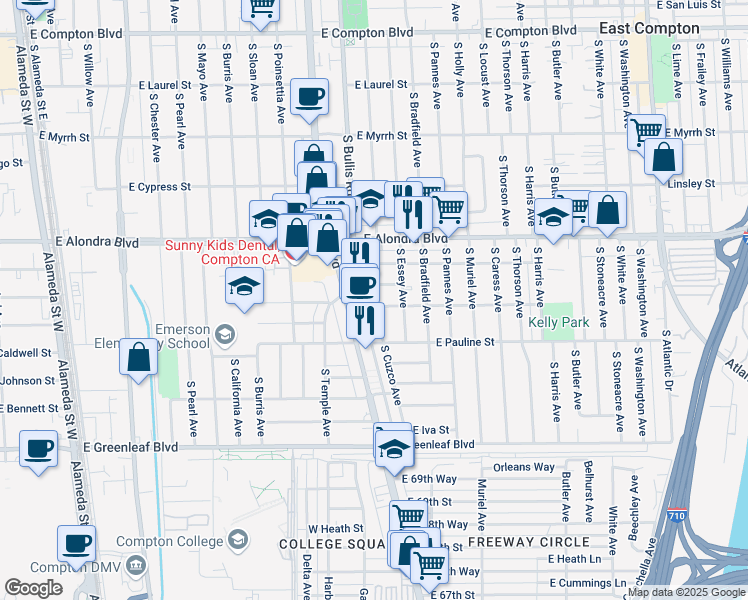 map of restaurants, bars, coffee shops, grocery stores, and more near 3649 East Marcelle Street in Compton