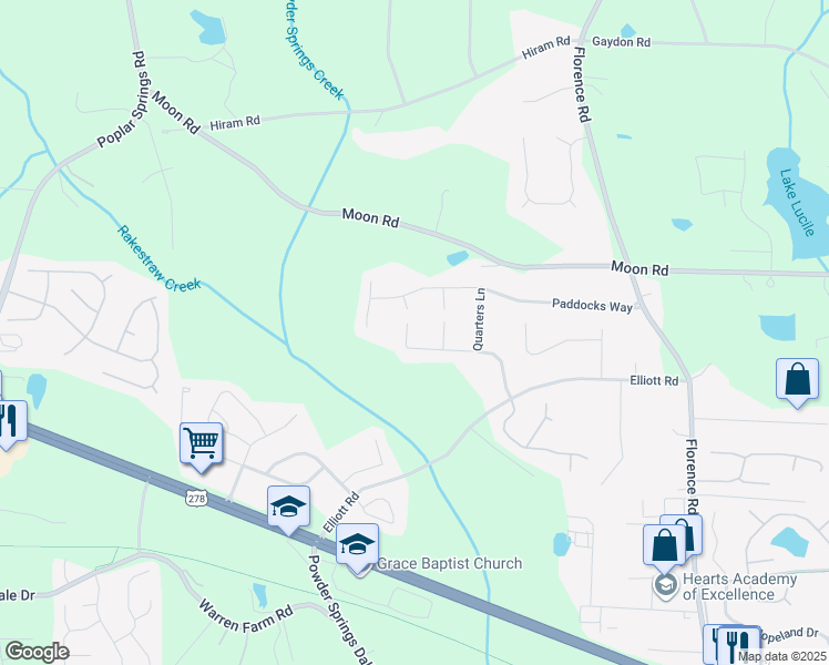 map of restaurants, bars, coffee shops, grocery stores, and more near 5551 Quarters Way in Powder Springs