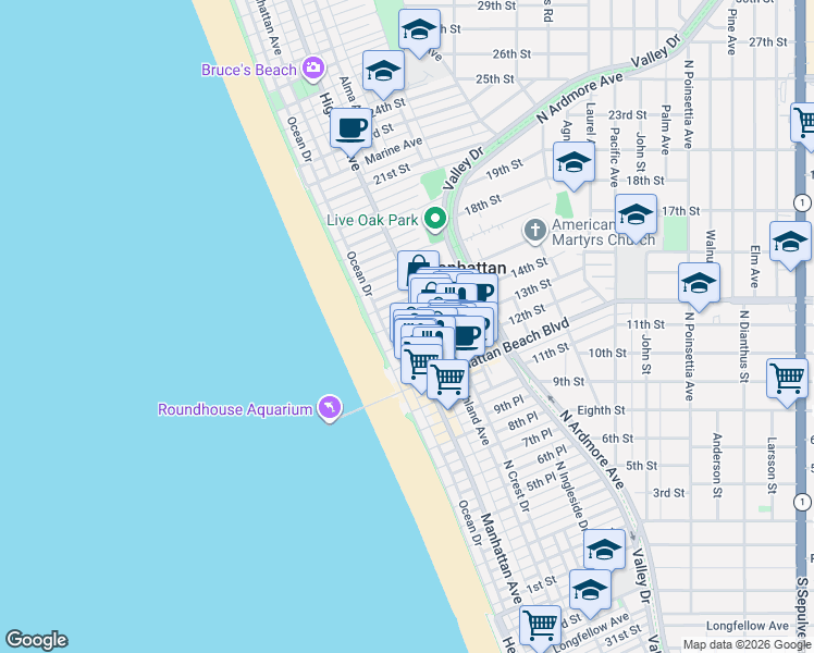 map of restaurants, bars, coffee shops, grocery stores, and more near 1318 Manhattan Avenue in Manhattan Beach
