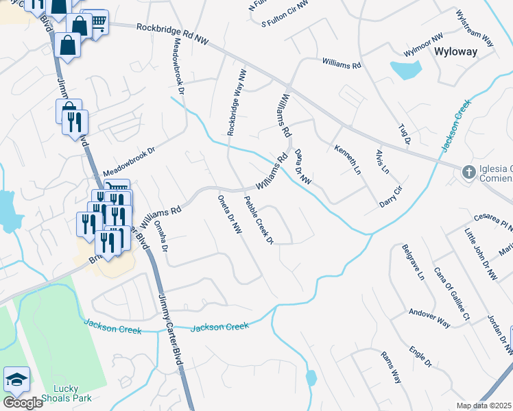map of restaurants, bars, coffee shops, grocery stores, and more near 772 Pebble Creek Drive in Norcross