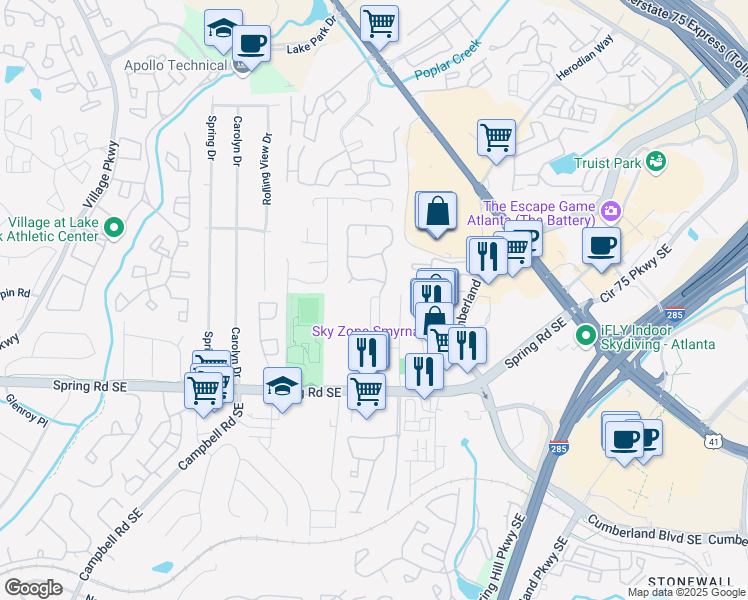 map of restaurants, bars, coffee shops, grocery stores, and more near 2728 Oakbourne Lane in Smyrna