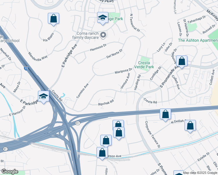 map of restaurants, bars, coffee shops, grocery stores, and more near 1455 Cresta Road in Corona