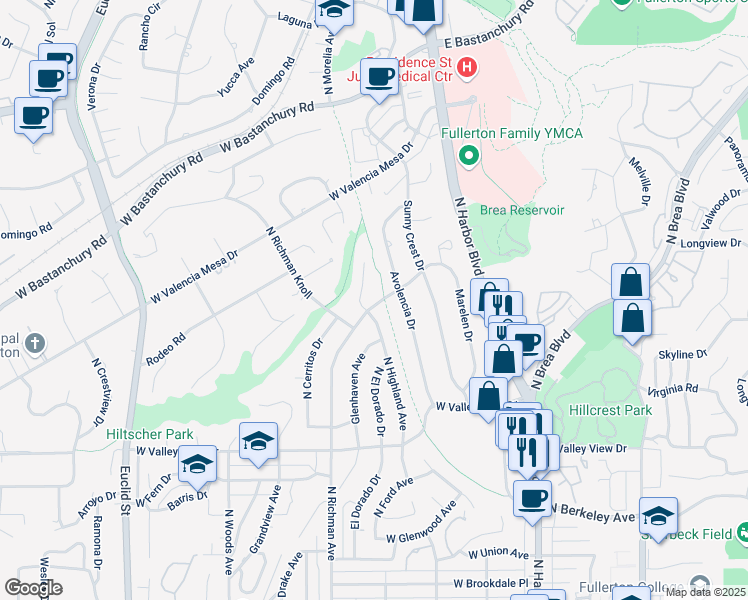 map of restaurants, bars, coffee shops, grocery stores, and more near 1205 North Richman Avenue in Fullerton