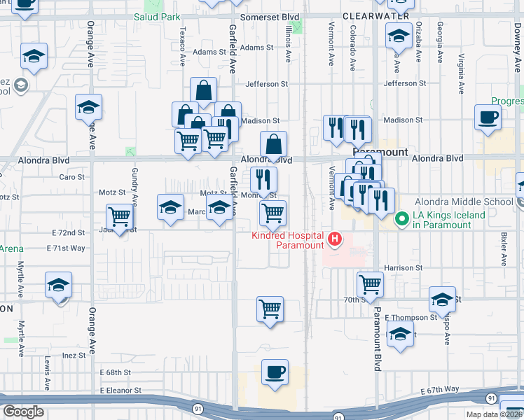 map of restaurants, bars, coffee shops, grocery stores, and more near 16223 Minnesota Avenue in Paramount