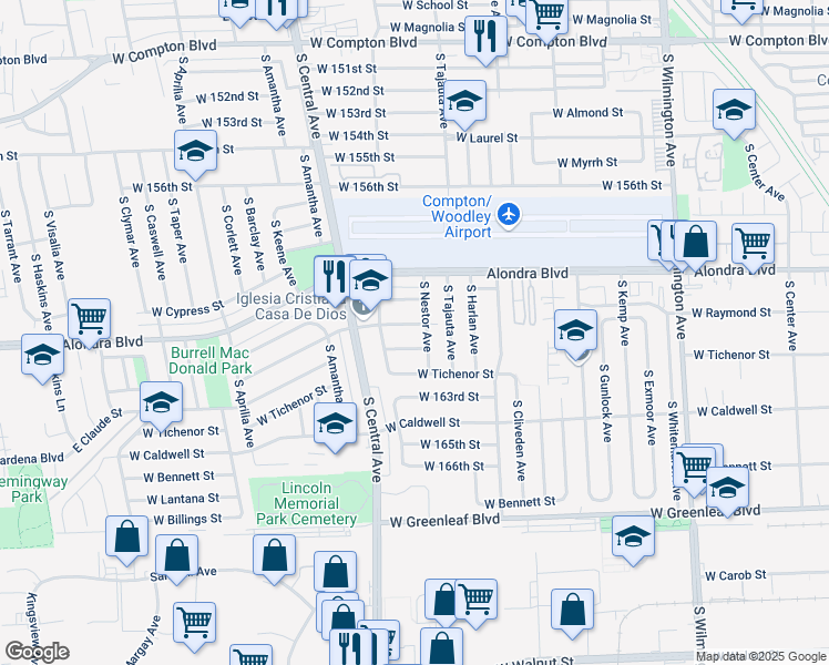 map of restaurants, bars, coffee shops, grocery stores, and more near 1806 West Reeve Street in Compton