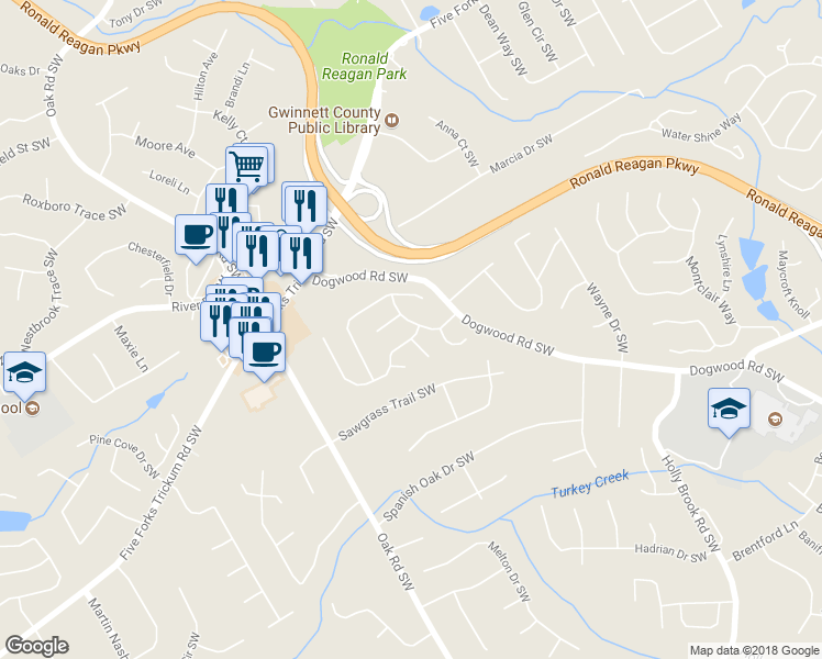 map of restaurants, bars, coffee shops, grocery stores, and more near 959 Dominion Walk Drive Southwest in Snellville