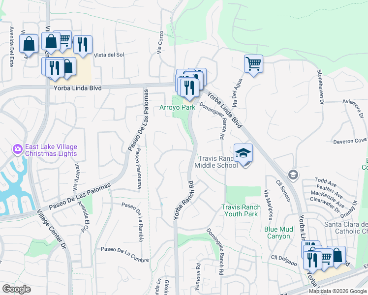 map of restaurants, bars, coffee shops, grocery stores, and more near 21097 Carlos Road in Yorba Linda
