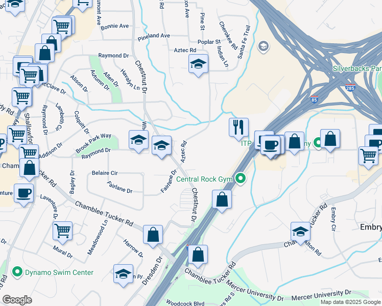 map of restaurants, bars, coffee shops, grocery stores, and more near 3373 Aztec Road in Doraville