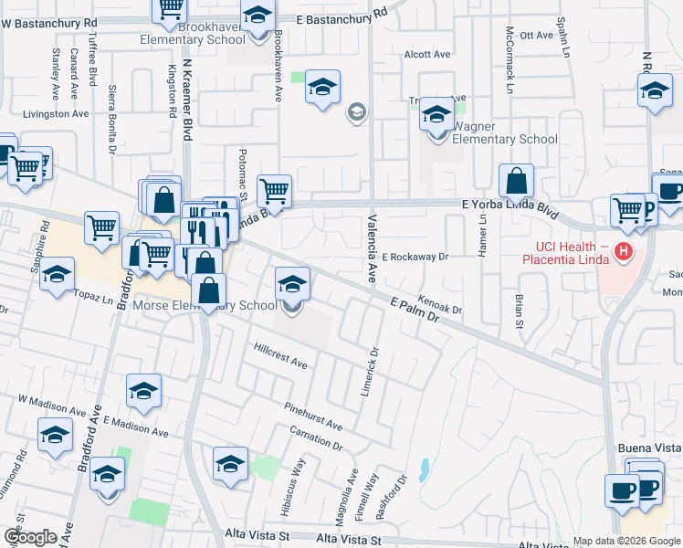 map of restaurants, bars, coffee shops, grocery stores, and more near 514 East Milano Street in Placentia