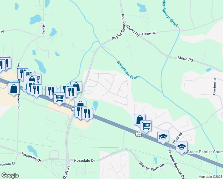 map of restaurants, bars, coffee shops, grocery stores, and more near 297 Horseshoe Lane in Hiram