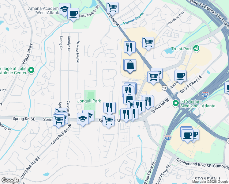 map of restaurants, bars, coffee shops, grocery stores, and more near 2728 Oakbourne Lane in Smyrna
